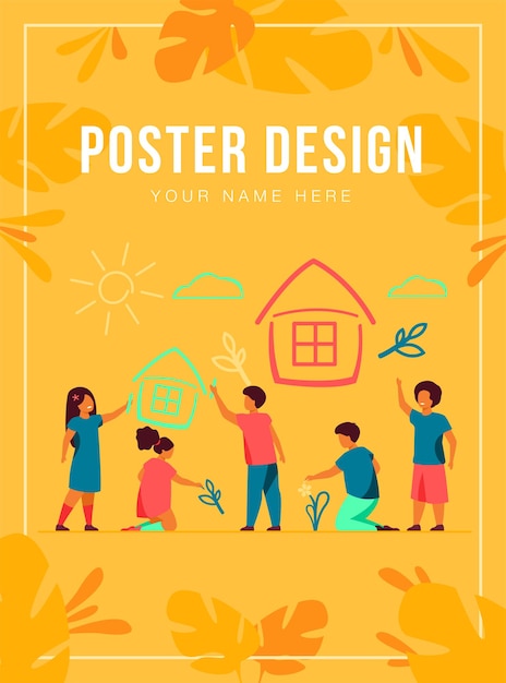 Children drawing home with crayons poster template