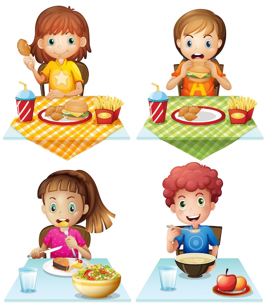 Free Vector children eating food on the dining table