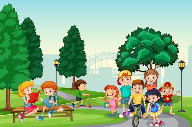 Children enjoy with their activity in the park scene