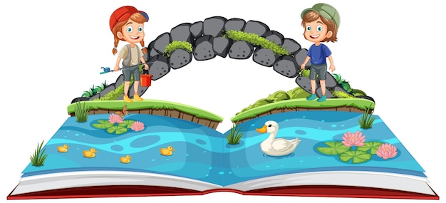 Free Vector children exploring nature in a book