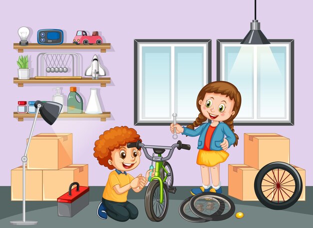 Children fixing a bicycle together in the room scene