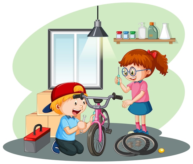 Children fixing a bicycle together