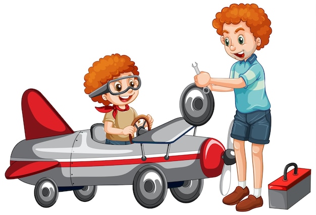 Free vector children fixing a plane together