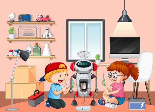 Free Vector children fixing a robot together in the room scene