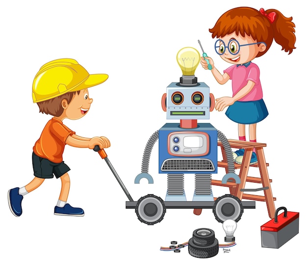 Children fixing a robot together