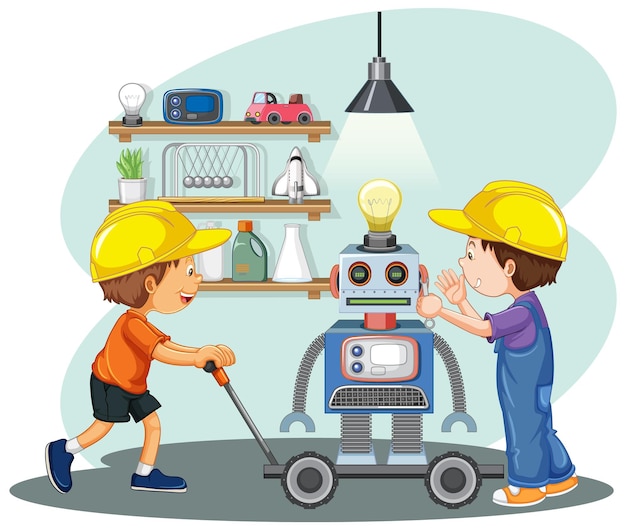 Children fixing a robot together