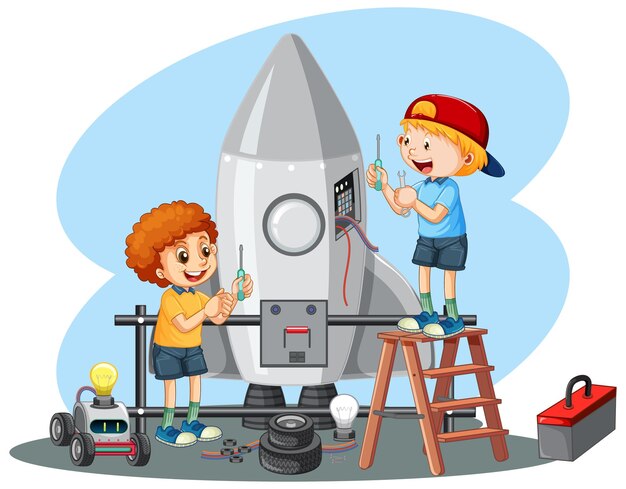 Children fixing a rocket together on white background