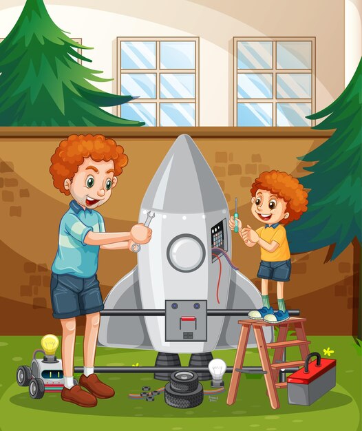 Children fixing a rocket toy together in the room scene