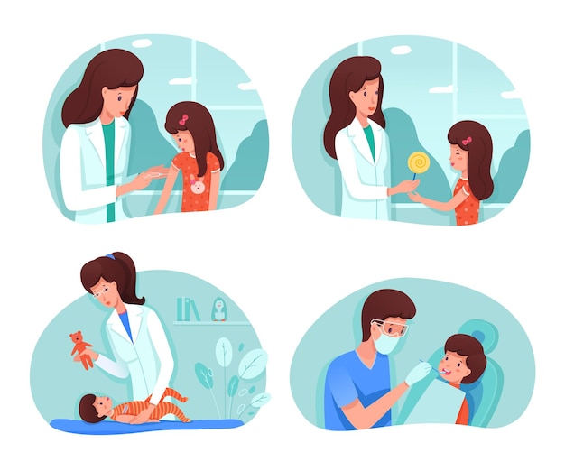 Children health at clinic set Doctor makes vaccination girl gives lollipop as reward pediatrician measures temperature baby shows toy Dentist checkup teeth boy