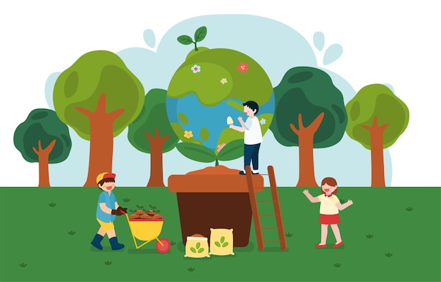 Children help to plant trees on happy earth day in cartoon character