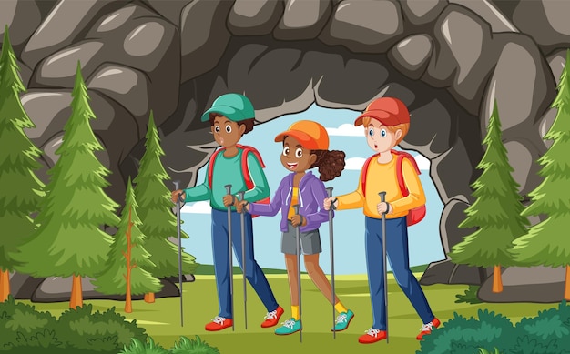 Free Vector children hiking through a forest