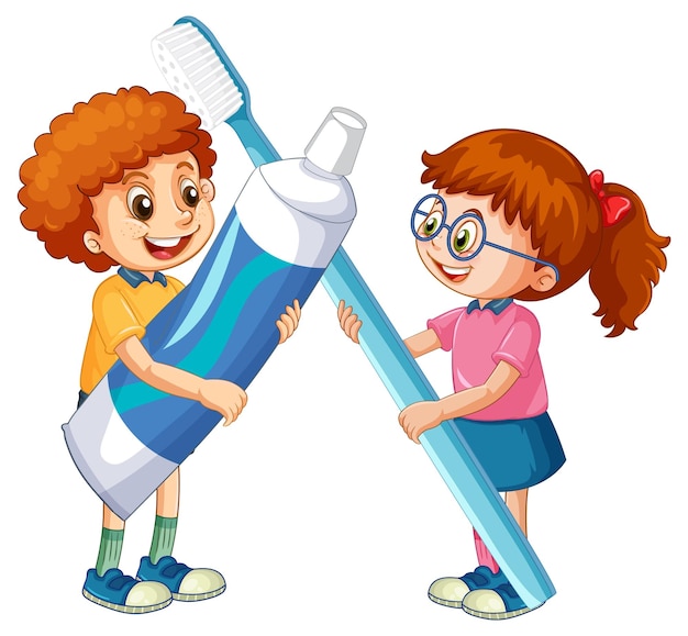 Free Vector children holding toothpaste and toothbrush on white background