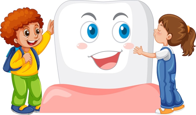 Children hugging their big tooth on white background