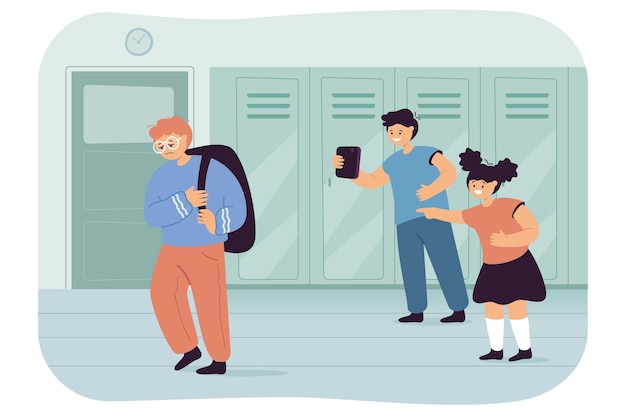 Children laughing at sad lonely boy at school. Boy and girl bullying nerd in corridor flat vector illustration. Conflict, violence, bullying concept for banner, website design or landing web page