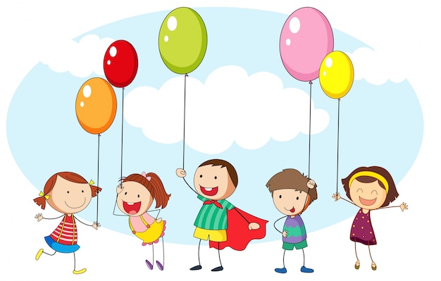 Free Vector children and many colorful balloons