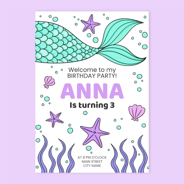 Free vector children mermaid birthday invitation