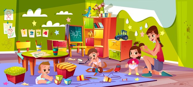 Children in nursery school cartoon vector. 