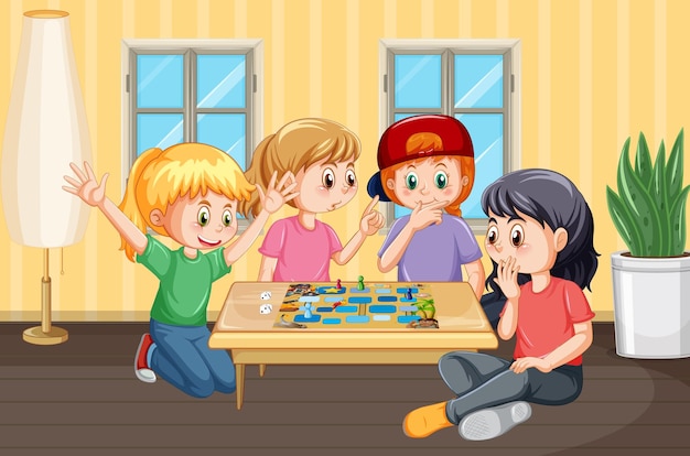 Free Vector children playing boardgame in the house