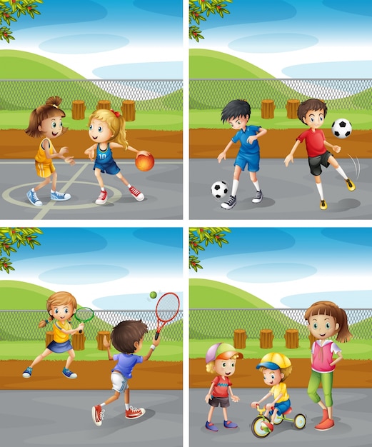 Free Vector children playing different sports in the park illustration