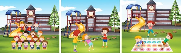 Free Vector children playing games at school ground