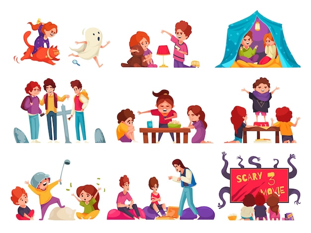 Children playing horror stories cartoon icons set isolated vector illustration