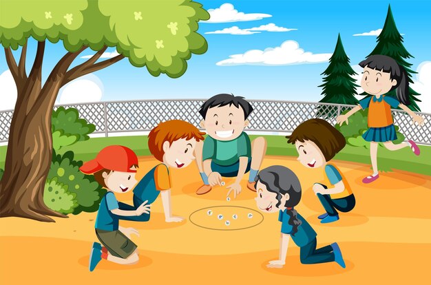 Children playing jack stones at the park