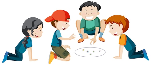 Children playing marbles on white background