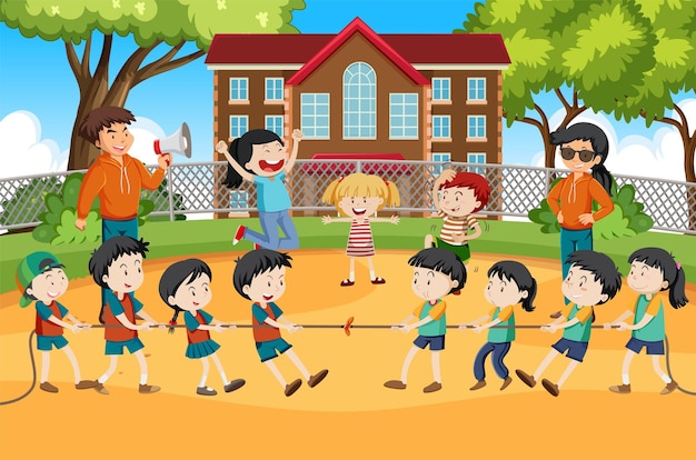 Free Vector children playing pulling rope together