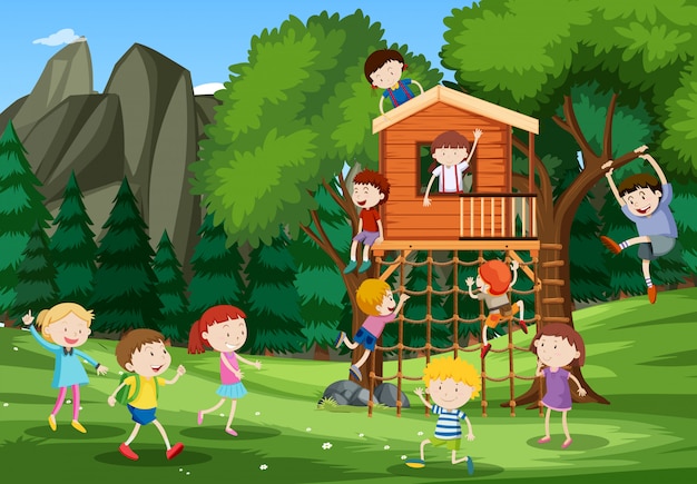 Free Vector children playing at treehouse