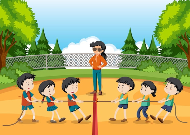 Children playing tug of war game