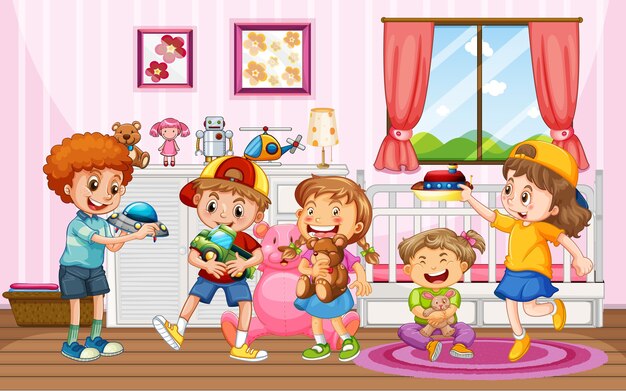 Children playing with their toys at home scene