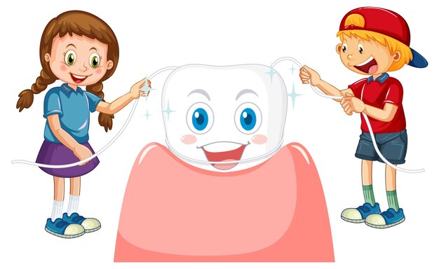 Children polishes the teeth using dental floss on white backgrou