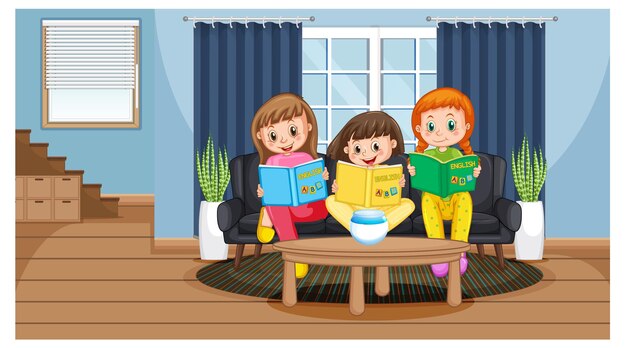 Children reading books at home