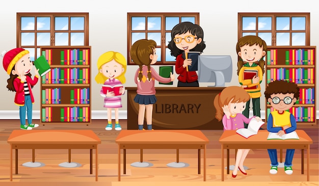 Free vector children reading books in library