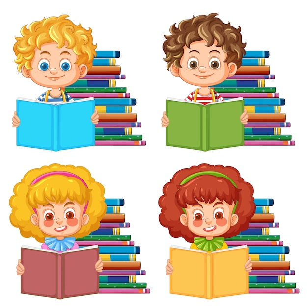 Free vector children reading books together