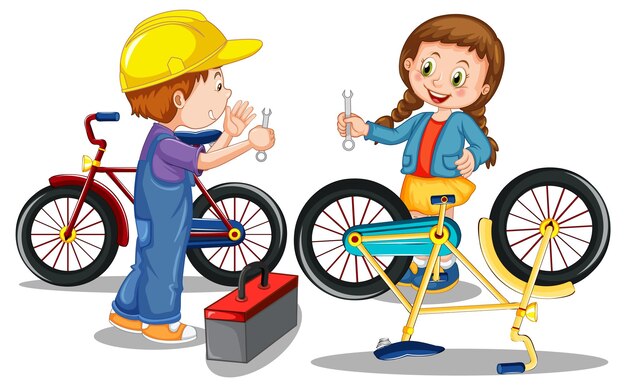 Children repairing bicycle together on white background