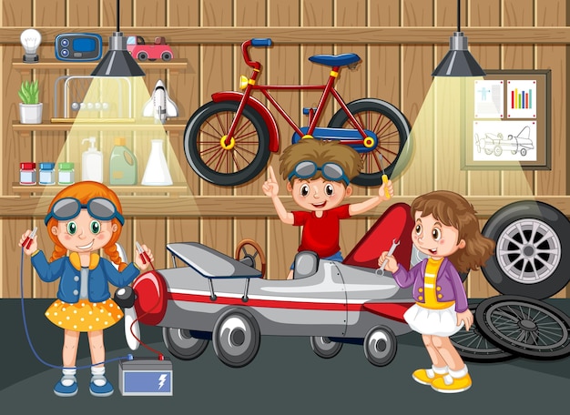 Children repairing a car together in the garage