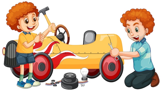 Free Vector children repairing a car together