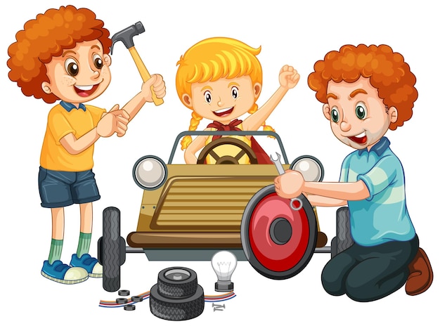 Free Vector children repairing a car together