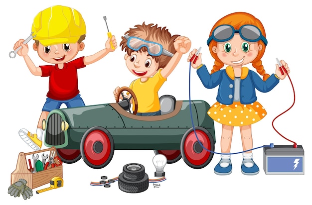 Free Vector children repairing a car together