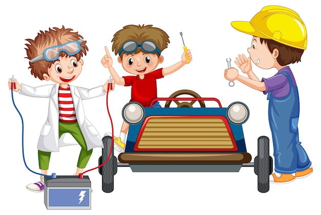 Free Vector children repairing a car together