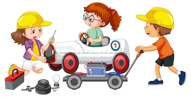 Free vector children repairing a car together