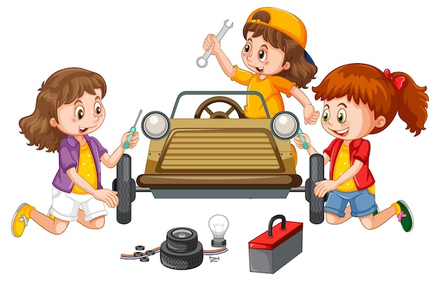 Free Vector children repairing a car together