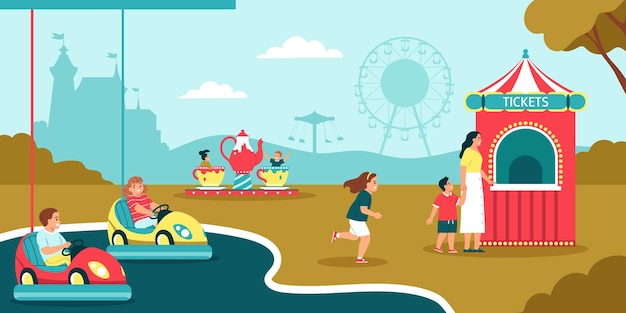 Free Vector children riding bumper cars and carousels in amusement park flat vector illustration