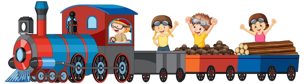 Free Vector children riding train with lumber