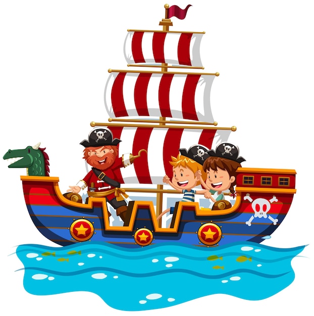 Free Vector children riding on viking ship at sea