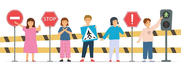 Children road rules composition with set of kids characters holding traffic signs with light and barriers vector illustration