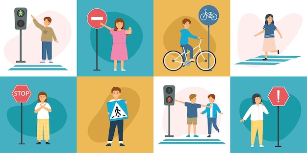 Children road rules set of square compositions with doodle characters of kids with traffic lights signs vector illustration