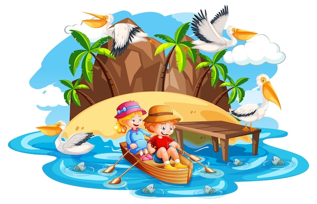 Children row the boat in the stream beach scene on white background