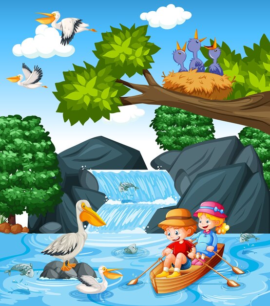 Children row the boat in the stream forest scene